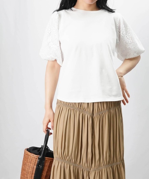 tシャツ LC/LLL レースパフ袖クルーネックTシャツ レディース LADY LUCK LUCA tシャツ LC/LLL レースパフ袖クルーネックT