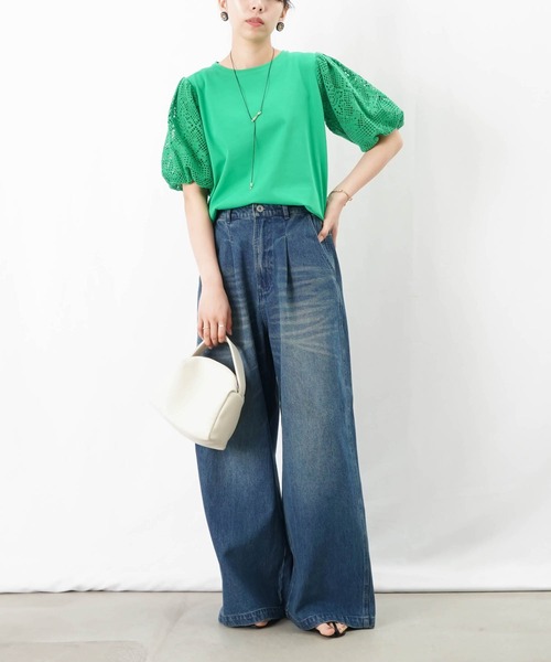 tシャツ LC/LLL レースパフ袖クルーネックTシャツ レディース LADY LUCK LUCA tシャツ LC/LLL レースパフ袖クルーネックT