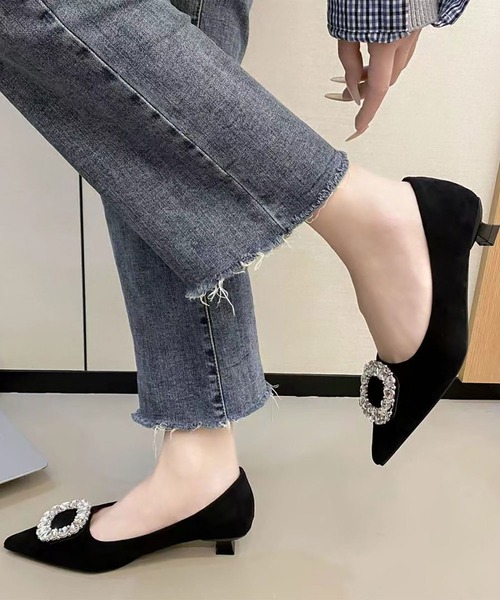 LOWO パンプス ビジュー ローヒール ポインテッドトゥ パンプス