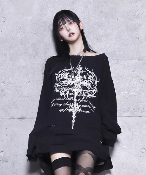 Amilige tシャツ クロスロゴプリントダメージガーゼトップス
