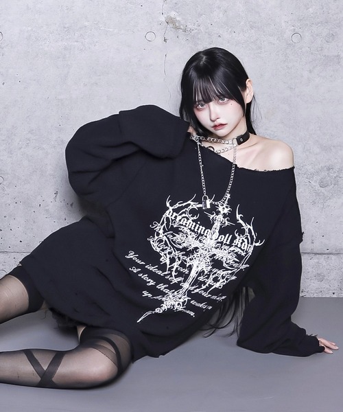 amilige トップス Amilige tシャツ クロスロゴプリントダメージガーゼトップス