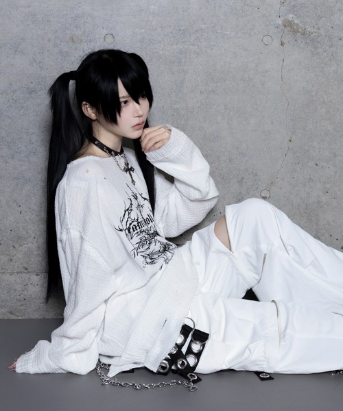 Amilige tシャツ クロスロゴプリントダメージガーゼトップス