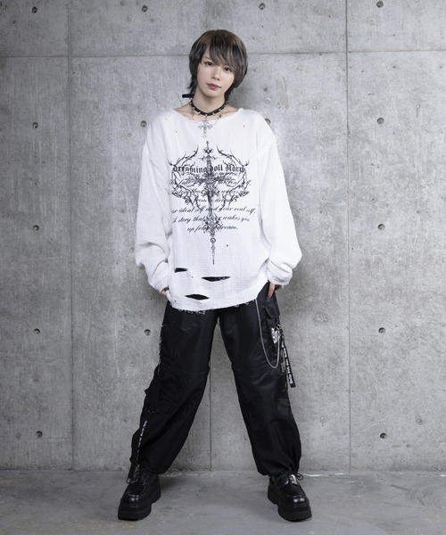 Amilige　ダメージガーゼ Amilige tシャツ クロスロゴプリントダメージガーゼトップス