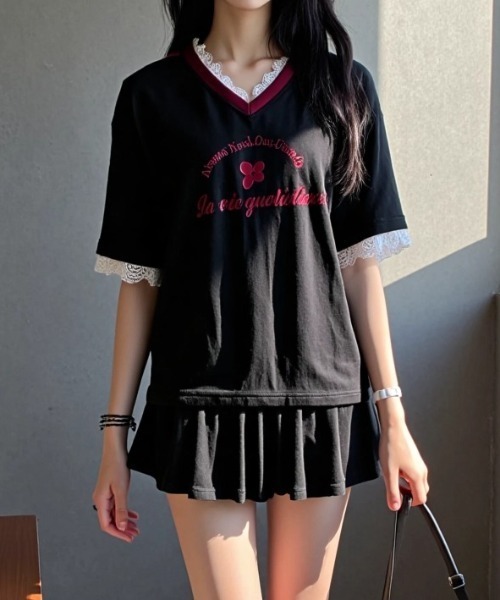 tシャツ A'GEM/9 × .kom 「.KOMZ/ドットケーオーエムゼット」クローバー刺繍×ペプラムレースセットアップ レディース