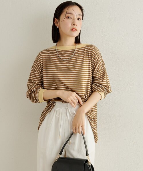 Omekashi（オメカシ） tシャツ ボーダーオフショルロングTシャツ