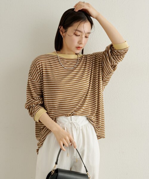 Omekashi（オメカシ） tシャツ ボーダーオフショルロングTシャツ