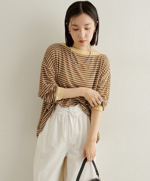 Omekashi（オメカシ） tシャツ ボーダーオフショルロングTシャツ