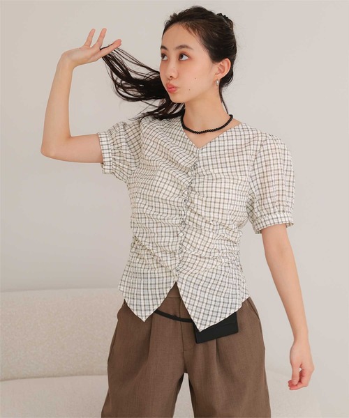 miette（ミエット） ブラウス シャツ 半袖 フロントギャザー半袖