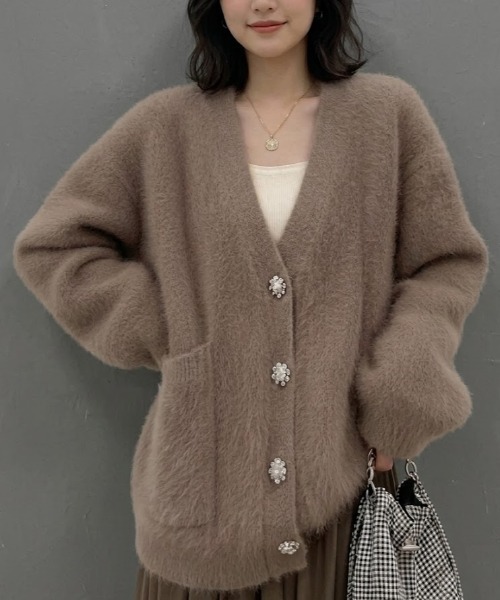 Lana821 カーディガン 飾りボタン モヘアルーズカーディガン