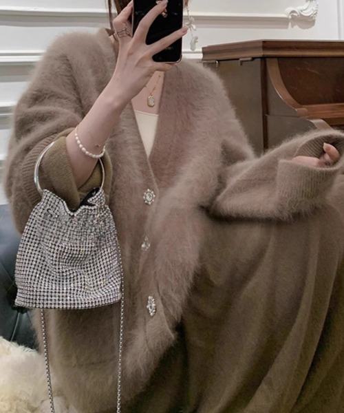 Lana821 カーディガン 飾りボタン モヘアルーズカーディガン