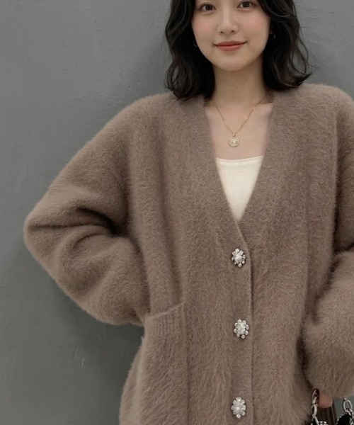 Lana821 カーディガン 飾りボタン モヘアルーズカーディガン