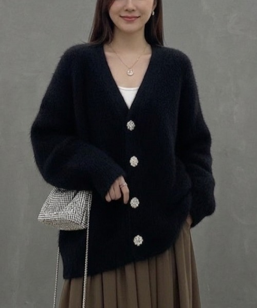 Lana821 カーディガン 飾りボタン モヘアルーズカーディガン