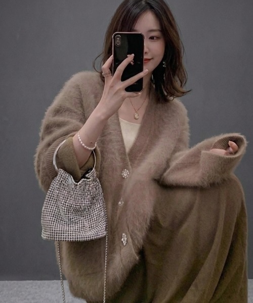 Lana821 カーディガン 飾りボタン モヘアルーズカーディガン