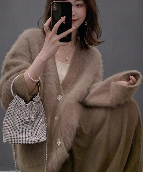 Lana821 カーディガン 飾りボタン モヘアルーズカーディガン