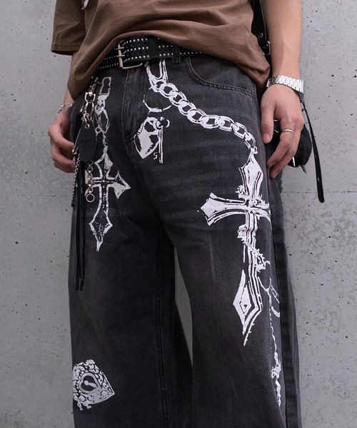完売品　VICINITY ロゴ刺繍 ブラックデニム ストリート グランジ Y2K HOUZHOU ヴィンテージ刺繍黒ジーンズ女性特大ストリートグランジ Y2k