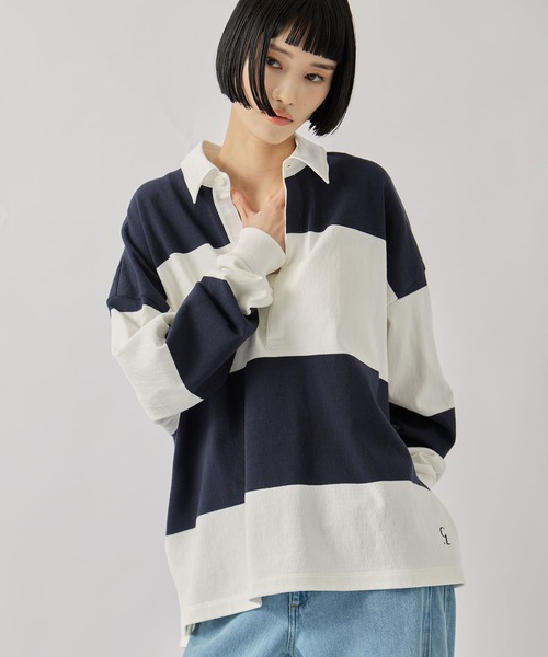 ブラウス シャツ 「CLANE/クラネ」DEEP NECK WIDE RUGBY SHIRTS/ディープネックワイドラグビーシャツ レディース