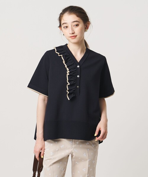 UNITED ARROWS ミニマル フリル ポロニット　黒 UNITED ARROWS（ユナイテッドアローズ）の「ミニマル フリル