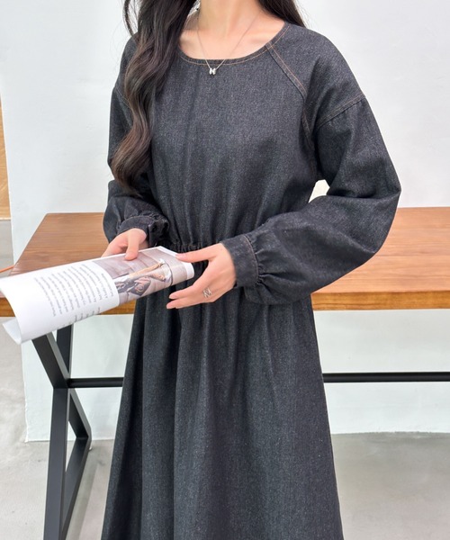 「ECLIN」 長袖ワンピース M ブラック レディース_画像3