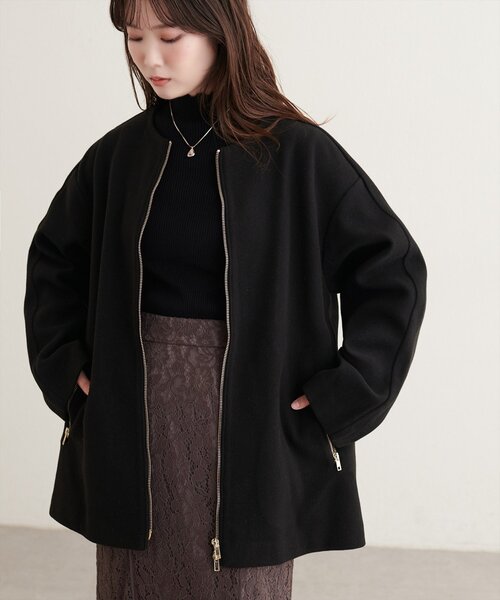 現行 ジャーナルスタンダードレサージュ ノーカラー コクーンミドルコート F natural couture ノーカラーコート コート フロントZIPデザインミドル