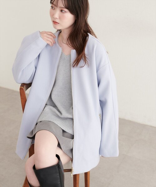 natural couture ノーカラーコート コート フロントZIPデザインミドル
