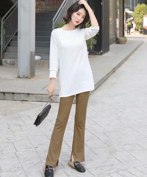 DAY CLOSET パンツ レディース スリット入り裏起毛リブフレアパンツ