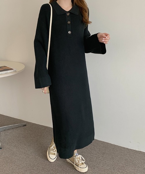 Mangrove（マングローブ） ワンピース ポロ衿ロングニットワンピース