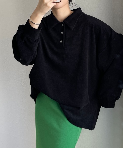 トレーナー スウェット over size polo design pile tops / オーバーサイズポロデザインパイルトップスニット レディース over size polo design pile tops / オーバーサイズポロデザイン