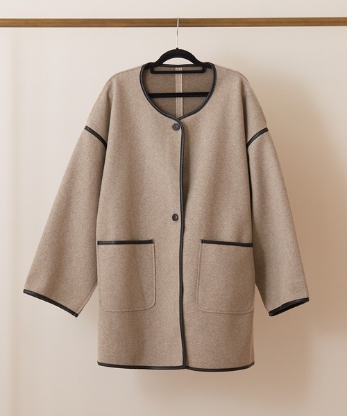 【美品】PAPAS パパス　ノーカラー　メルトンウールジャケット　コート　クルミ 美品】PAPAS パパス ノーカラー メルトンウールジャケット