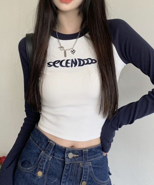 tシャツ エンブロイダリー配色ラグランスリーブトップス レディース