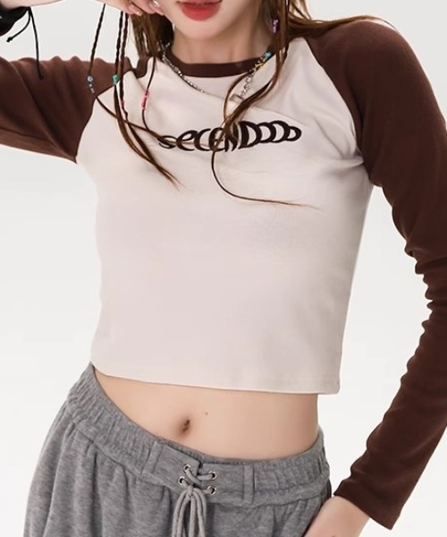 tシャツ エンブロイダリー配色ラグランスリーブトップス レディース