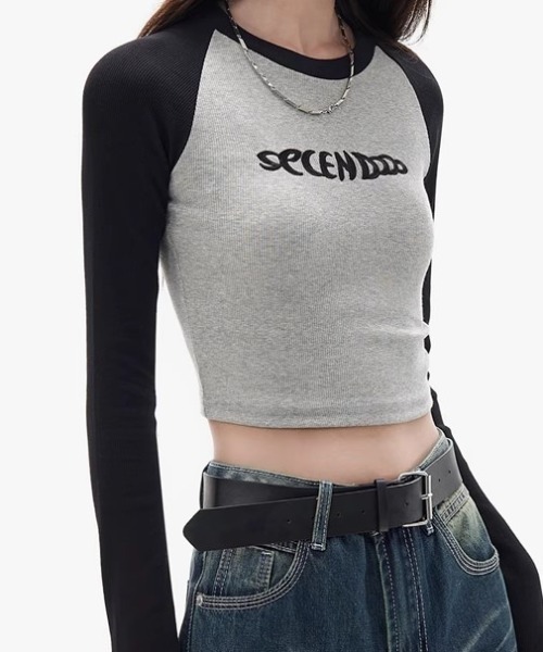 tシャツ エンブロイダリー配色ラグランスリーブトップス レディース