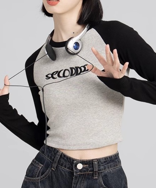 tシャツ エンブロイダリー配色ラグランスリーブトップス レディース