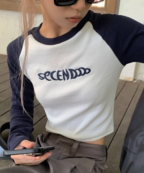 tシャツ エンブロイダリー配色ラグランスリーブトップス レディース