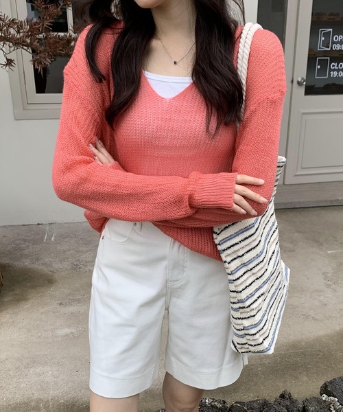 ニット セーター シンプルVネックモヘアニットトップス レディース ニット セーター Vネック モヘアライクニット レディース
