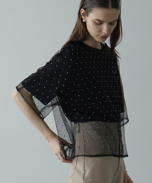 tシャツ CLANE/クラネ RHINESTONE SHEER TOPS/ラインストーン シアートップス レディース