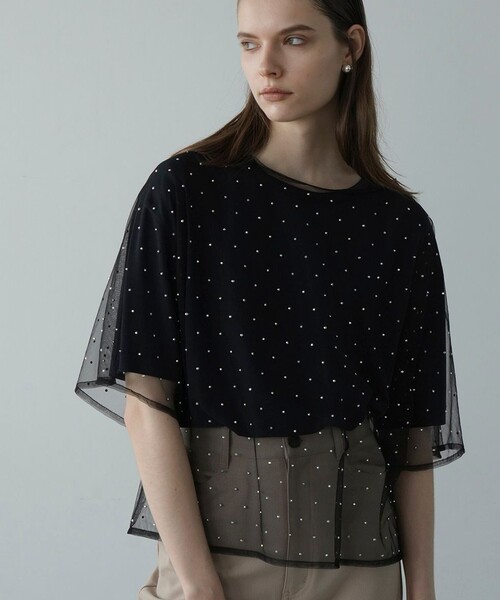 FREAK'S STORE tシャツ CLANE/クラネ RHINESTONE SHEER TOPS