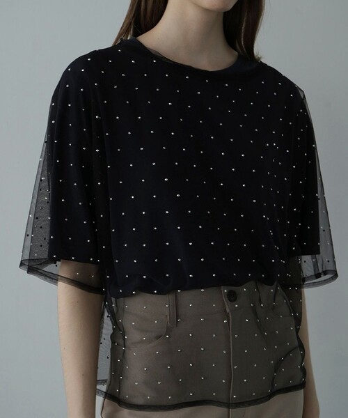 FREAK'S STORE tシャツ CLANE/クラネ RHINESTONE SHEER TOPS