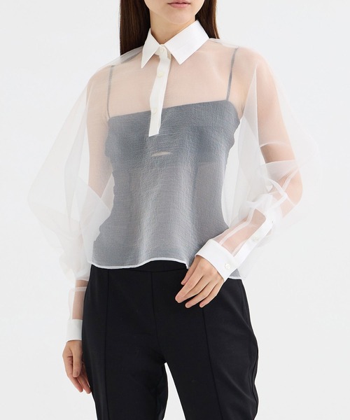 ブラウス シャツ 「GURTWEIN/ガーウィン」asymmetric bat-sleeve air-organza loose polo shirt