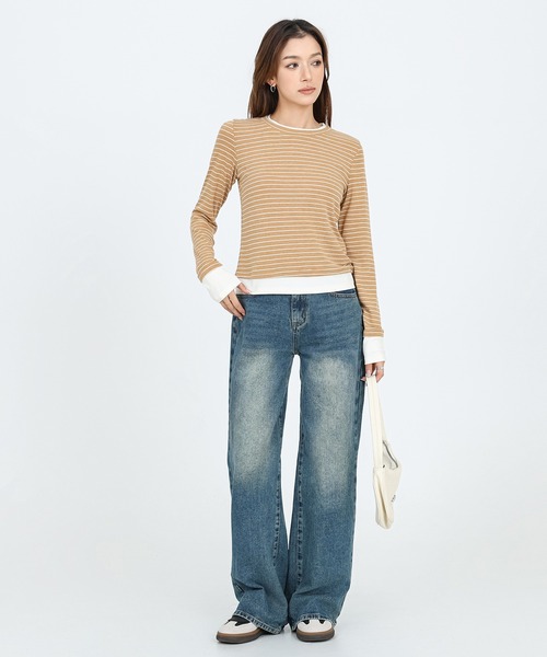 tシャツ layered style border long sleeve tops レディース
