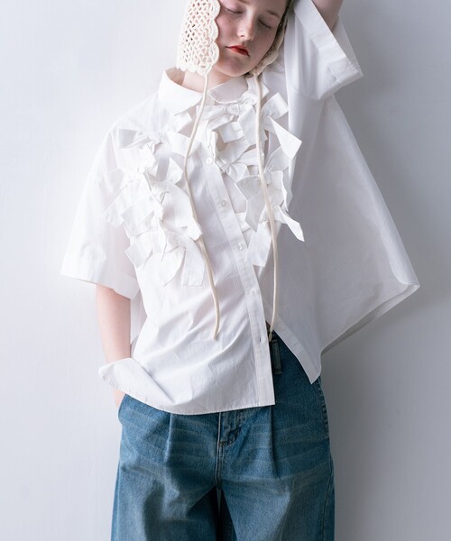 CAROLINA GLASER ブラウス シャツ コットン リボン ショートスリーブ  