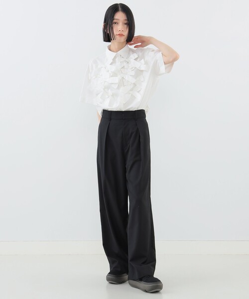 「CAROLINA GLASER」 半袖シャツ ONE SIZE チャコールグレー レディース コットン リボン ショートスリーブ ブラウス（シャツ/ブラウス