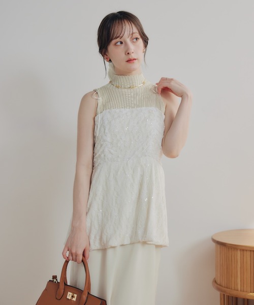 ROPE エレガントワンピース ラメ レース ECREL ワンピース ラメレースレイヤードキャミワンピース