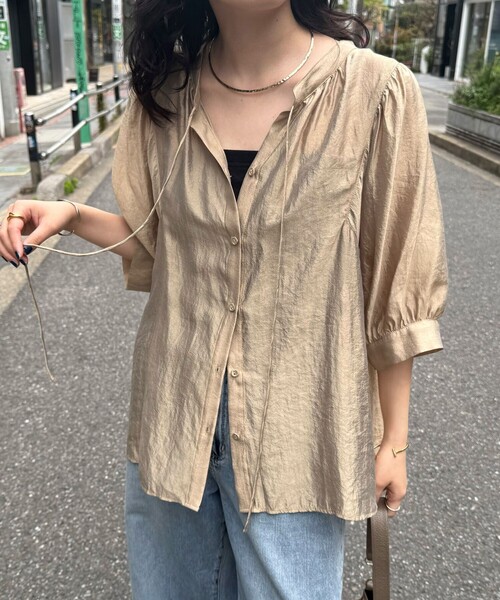ブラウス シャツ シャイニーシアー２WAYハーフスリーブブラウス レディース