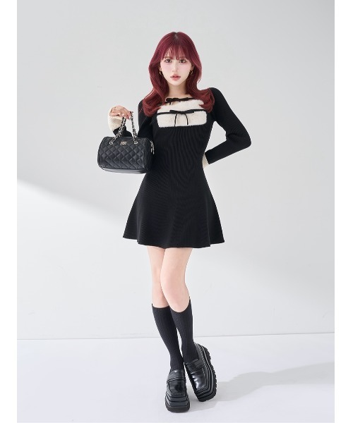 Darich（ダーリッチ） ワンピース リボンファーフレアニットミニ