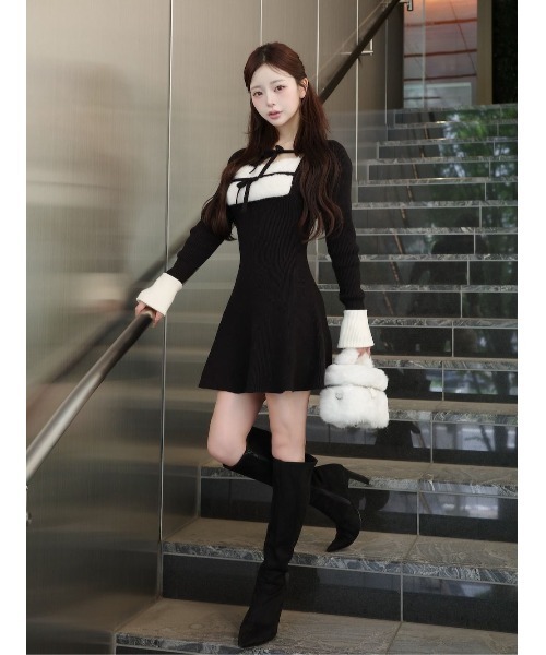 Darich（ダーリッチ） ワンピース リボンファーフレアニットミニ