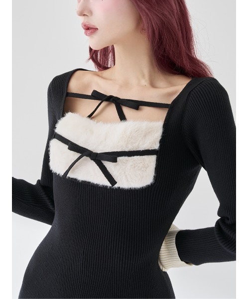 【即購入可】Darich リボンファーフレアニットミニワンピース リボンファーフレアニットミニワンピース（ワンピース）｜Darich