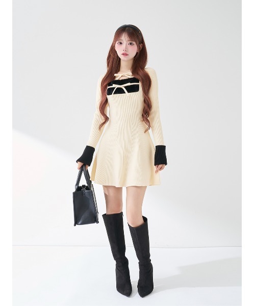 Darich（ダーリッチ） ワンピース リボンファーフレアニットミニ