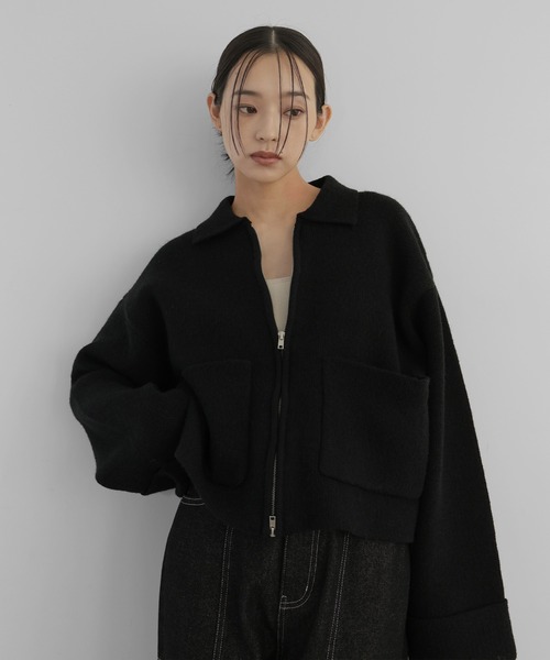 hellam カーディガン アルパカタッチバイカラージップカーディガン