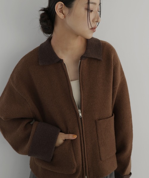 hellam（ヘラム） カーディガン アルパカタッチバイカラージップ