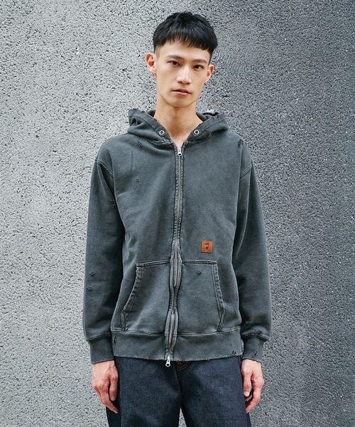 jieda グレー フード付きパーカー　ダメージ加工 JieDa（ジエダ） パーカー 「JieDa」DAMAGE PATCH ZIP HOODIE メンズ